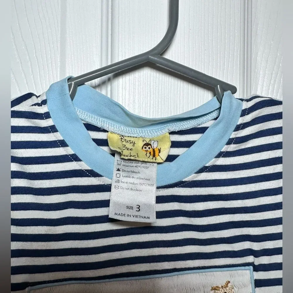 Busy‎ Bee Smocks Short Sleeve Farm Animal Romper Toddler Size 3t, Navy Striped